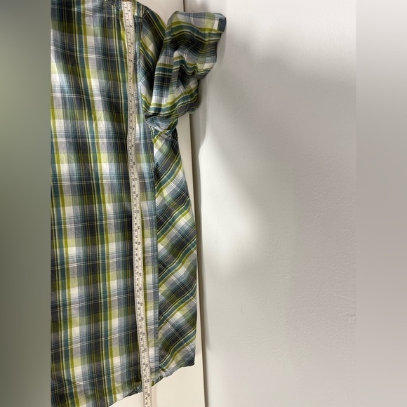 PRANA Green Blue Plaid Short Sleeve Pearl Snap Mens Size Small Organic Cotton - Picture 9 of 10